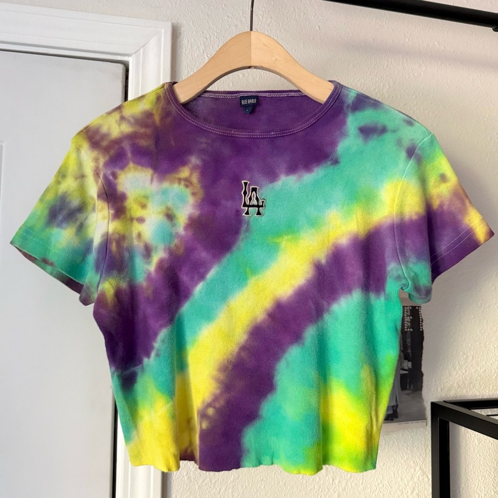 Blue Marlin vintage LA embroidered tie dye cropped rib ribbed crew neck baby tee